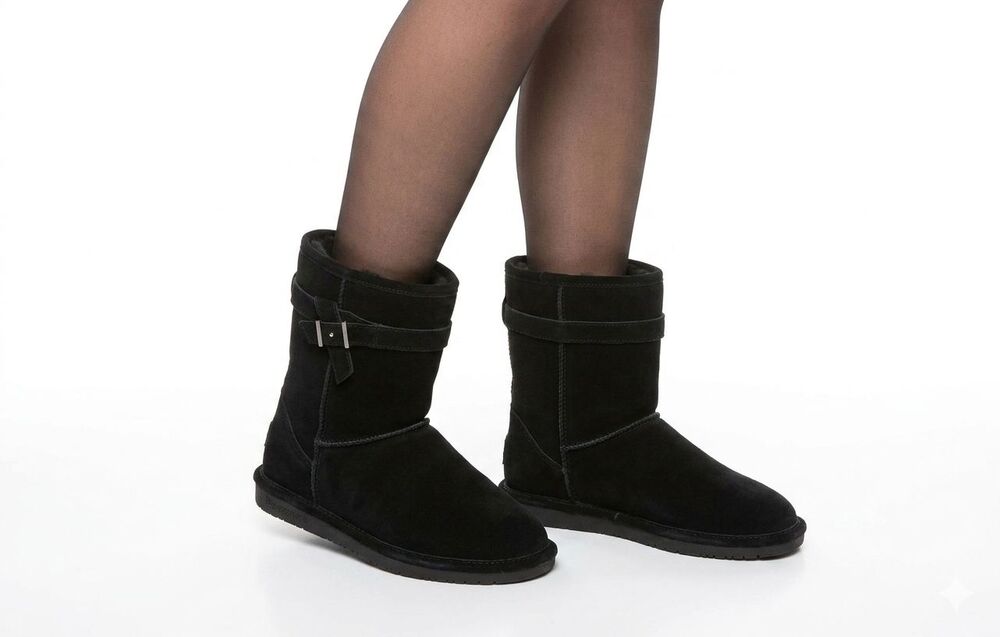 Bearpaw Val Black Suede Buckle Mid Calf Boots Shearling Lined Womens Size 11 EUC